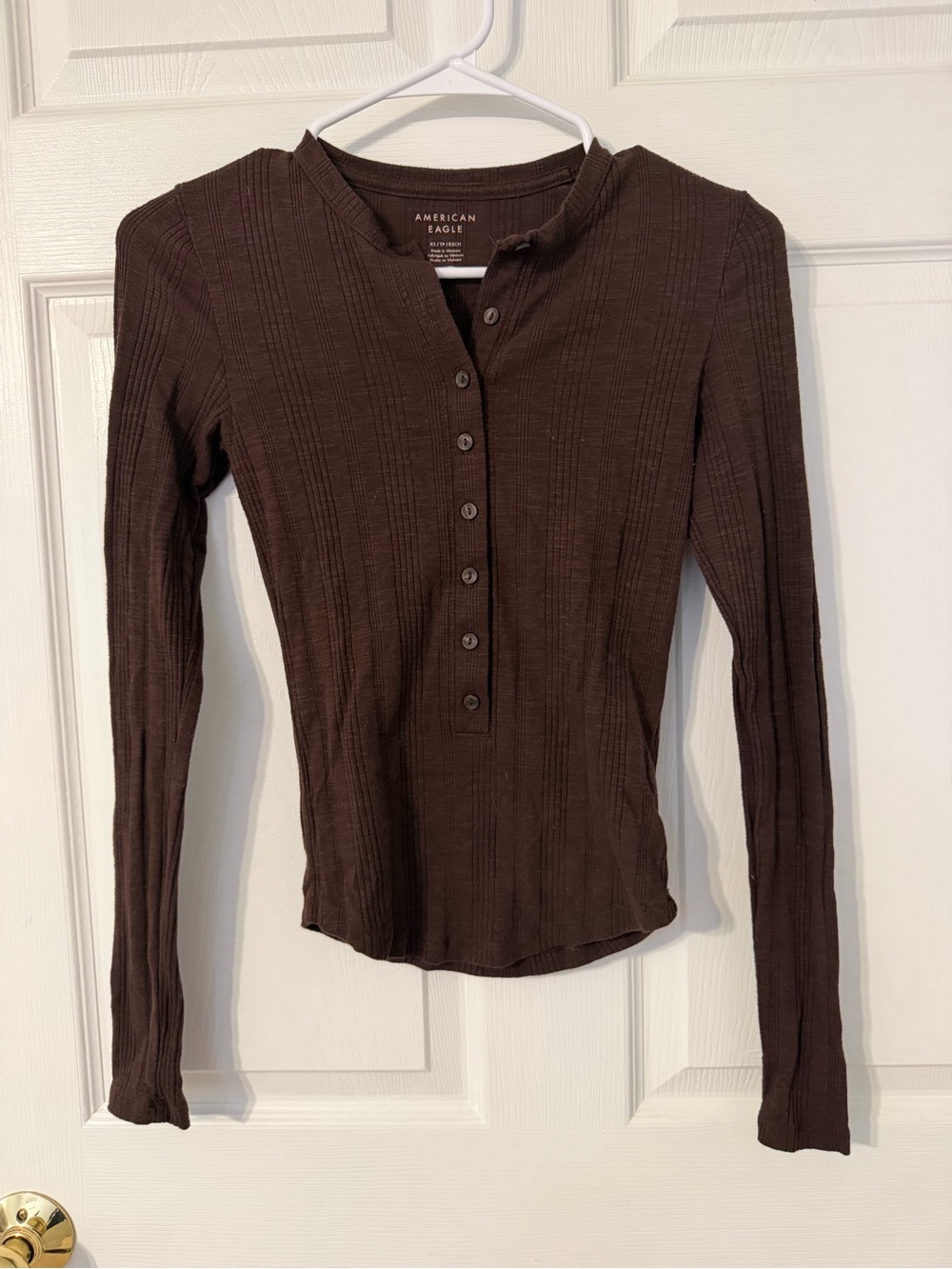 American Eagle Outfitters Dark Brown Ribbed Henley Long Sleeve Top